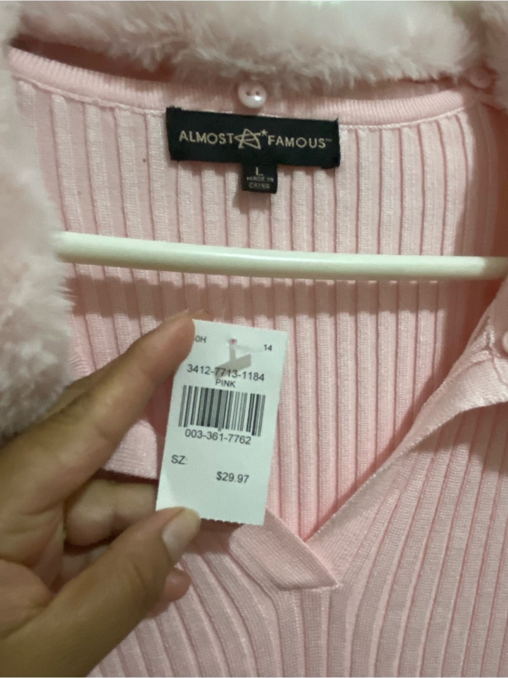 Almost Famous Pink Ribbed Knit Top with Faux Fur Trim - Picture 2 of 5